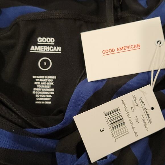 Good American Sheer Stripe Off Shoulder Dress, GA Size 3 US Size Large 10-12 NWT - Picture 7 of 8